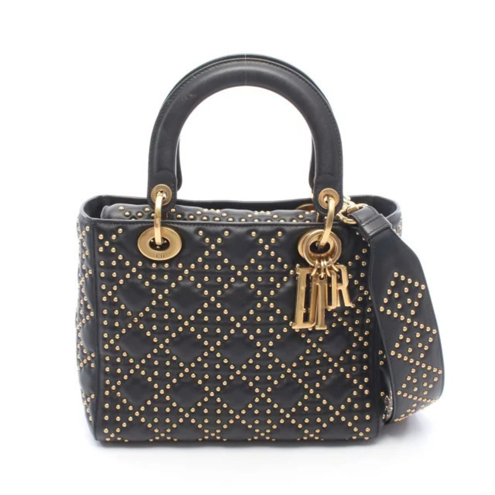 Christian Dior LADY Studded Handbag Leather Black